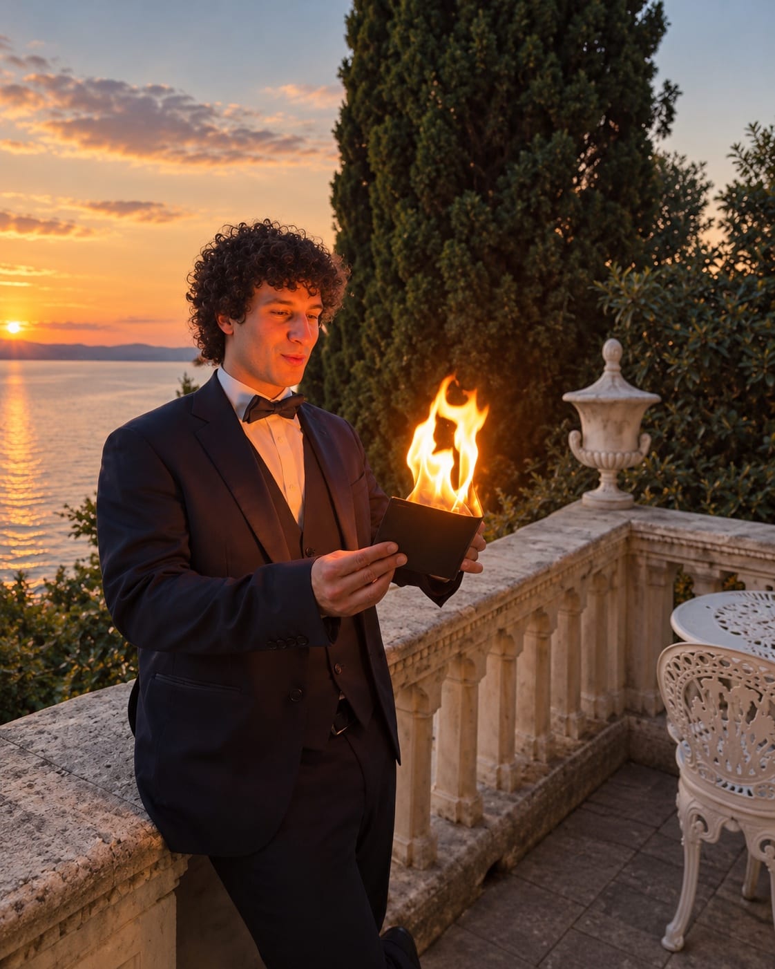 Matteo Angrisano in abito scuro tiene fra le mani un portafoglio in fiamme, sulla terrazza di una villa al tramonto sul lago